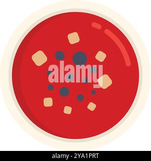 Red tomato soup with croutons being served in a bowl, top view Stock Vector