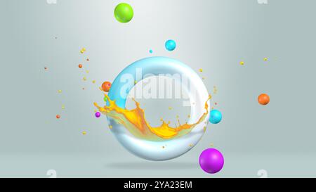 Abstract composition with a blue and white circular frame with a splash of yellow liquid surrounded by yellow and orange spheres floating against a gr Stock Photo