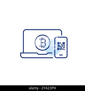 Laptop with bitcoin symbol on it and phone with qr-code. Seamless cryptocurrency ecosystem. Pixel perfect, editable stroke vector icon Stock Vector