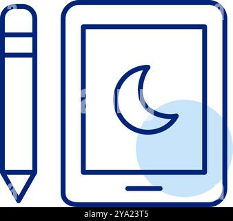 Electronic tablet and pencil with moon symbol on screen. Quiet mode, dark scheme. Pixel perfect, editable stroke vector icon Stock Vector
