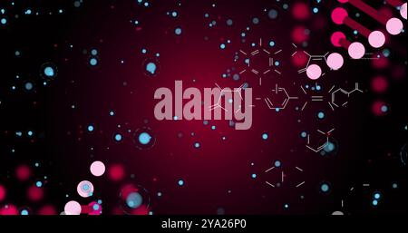 Image of pink 3d dna rotating with molecules and blue particles on digital interface. Digital composite, artificial intelligence, science and technolo Stock Photo
