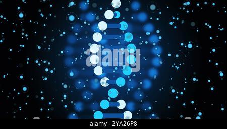 Image of blue dots over dna on black background. Science, human biology and health concept digitally generated image. Stock Photo