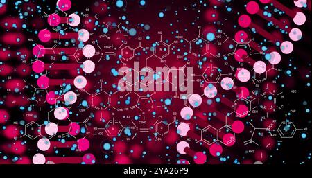 Image of pink 3d dna rotating with molecules and blue particles on digital interface. Digital composite, artificial intelligence, science and technolo Stock Photo