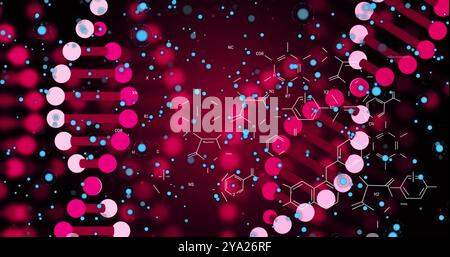 Image of pink 3d dna rotating with molecules and blue particles on digital interface. Digital composite, artificial intelligence, science and technolo Stock Photo