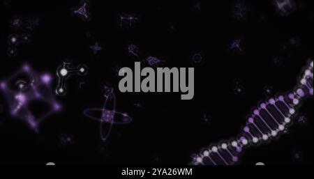 Image of digital 3d purple and white double helix DNA strand spinning and molecules atoms moving on black background. Medicine science genetics concep Stock Photo