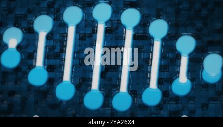 Image of pixelated digital 3d blue and white double helix DNA strand spinning on blue patterned background. Medicine science genetics concept digitall Stock Photo