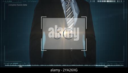 Image of a businessman touching a digital screen displaying 5G written in black letters with data processing over blue background. Digital computer in Stock Photo