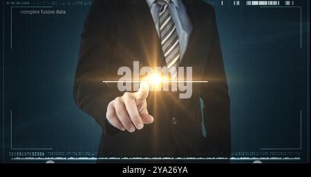 Image of a businessman touching a digital screen displaying 5G written in black letters with data processing over blue background. Digital computer in Stock Photo