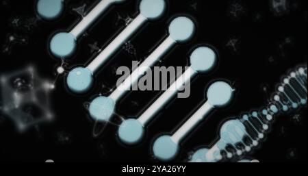 Image of digital 3d blue and white double helix DNA strands spinning and molecules atoms moving on black background. Medicine science genetics concept Stock Photo