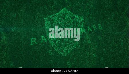 Image of computer interface online security shield icon over changing code numbers and the word ransomware displaying on green background. online secu Stock Photo