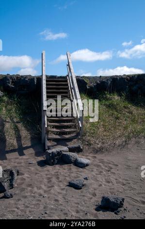 Skardsvík beach Iceland, wooden steps on golden sandy beach Stock Photo