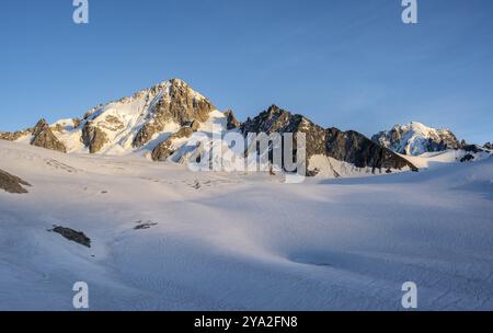 High alpine mountain landscape at sunset, summit of Aiguille de Chardonnet and Aiguille Verte, Glacier du Tour in the evening light, glacier and mount Stock Photo