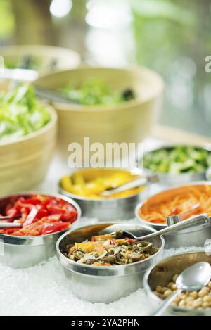 Mixed cut vegetables in salad bar display Stock Photo