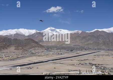 Leh, India, April 10, 2023: Airplane is taking off from Kushok Bakula Rimpochee Airport, Asia Stock Photo