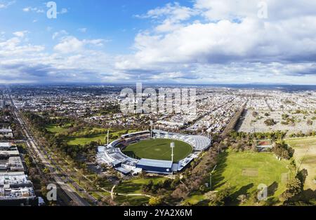 Aerial view of Royal Park and Ikon Stadium of Carlton Football Club on a cool winter's day from Parkville in Victoria, Australia, Oceania Stock Photo