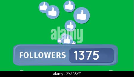 Digital image of like icons moving up the screen with increasing numbers 4k Stock Photo