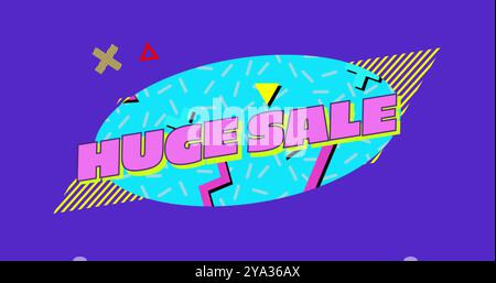 Image of the words Huge Sale written in pink letters on a blue oval with moving graphic elements on a purple background 4k Stock Photo