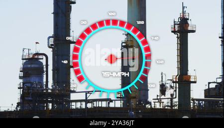 Image of speedometer over refinery. Global business, finances, data processing and digital interface concept digitally generated image. Stock Photo
