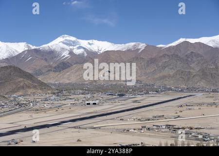 Leh, India, April 10, 2023: Airplane is taking off from Kushok Bakula Rimpochee Airport, Asia Stock Photo