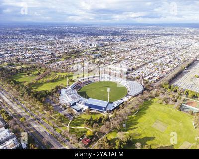 Aerial view of Royal Park and Ikon Stadium of Carlton Football Club on a cool winter's day from Parkville in Victoria, Australia, Oceania Stock Photo