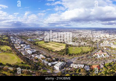 Aerial view of Royal Park and Ikon Stadium of Carlton Football Club on a cool winter's day from Parkville in Victoria, Australia, Oceania Stock Photo