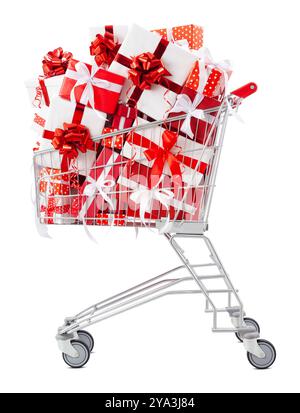 Shopping trolley filled with Christmas presents, featuring red gift boxes adorned with ribbons and bows, isolated on a white background. Concept for s Stock Photo