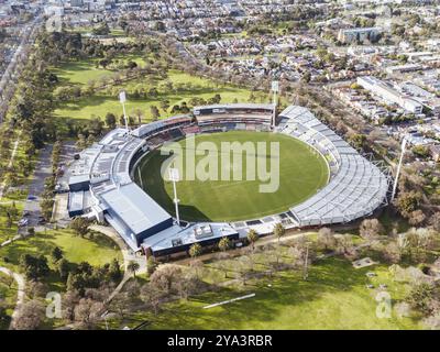 Aerial view of Royal Park and Ikon Stadium of Carlton Football Club on a cool winter's day from Parkville in Victoria, Australia, Oceania Stock Photo