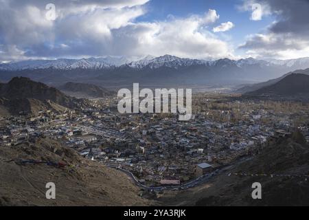 Leh, India, April 04, 2023: Panoramic view of the city with snow capped mountains in the background, Asia Stock Photo