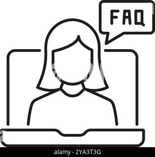 Woman on Video Call Line Icon with FAQ Bubble for Online Support and Communication. Virtual Customer Support Services Outline Symbol. Editable Stroke Stock Vector