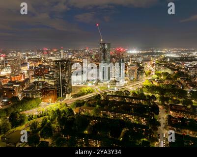 Aerial image of Manchester skyline at night Stock Photo