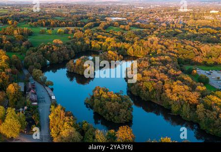 Birds eye view of Heaton Park Boating Lake in Autumn Stock Photo