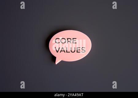 A speech bubble on a dark background with the text "Core Values".  Fundamental beliefs or principles concept. Stock Photo