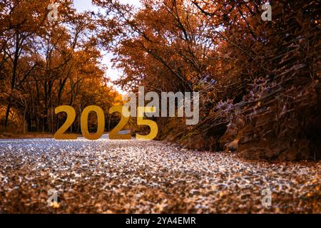 Happy New Year 2025 anniversary is coming. Transition from 2024 to new year concept with 2025 text on road. Stock Photo