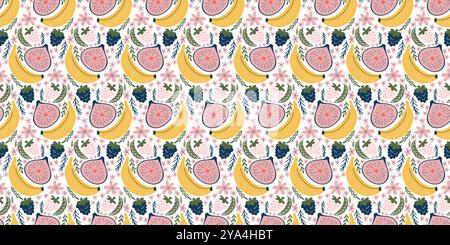 Cheerful seamless pattern with illustrations of bananas, figs, blackberries, white strawberries, pink flowers, and green leaves. Modern, organic vector style with flat colors and a playful, childlike vibe Stock Vector