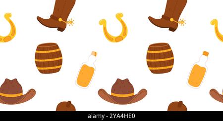 Seamless pattern Wild West elements, cowboy hats, boots with spurs, barrels, whiskey bottles, and golden horseshoes. Stock Vector