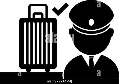 Customs officer checking suitcase baggage silhouette. Editable vector. Stock Vector