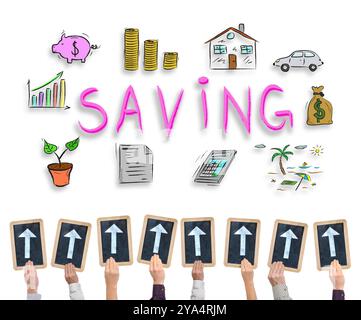 Hands holding writing slates with arrows pointing on saving concept Stock Photo