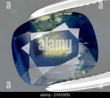 Exquisite Cushion-Cut Natural Sapphire Gemstone Showcased on Precision Tweezers. Stock Photo