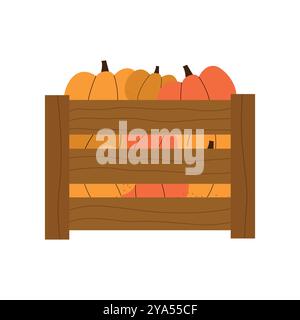 Flat illustration of a wooden crate filled with pumpkins in a simple, minimalistic design Stock Vector