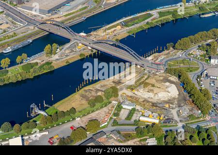 Luftbild, Karl-Lehr-Brücke im Duisburger Hafen, Baustelle, Ruhrort, Duisburg, Ruhrgebiet, Nordrhein-Westfalen, Deutschland ACHTUNGxMINDESTHONORARx60xEURO *** Aerial view, Karl Lehr Bridge in Duisburg harbor, construction site, Ruhrort, Duisburg, Ruhr area, North Rhine-Westphalia, Germany ATTENTIONxMINDESTHONORARx60xEURO Stock Photo