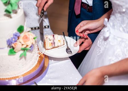 A Joyful Wedding Moment: Cutting the Cake Together. Stock Photo