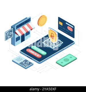 Isometric Secure Payment Methods on Smartphone with QR Code. Secure Payment Methods and QR Code Payment Concept Stock Vector