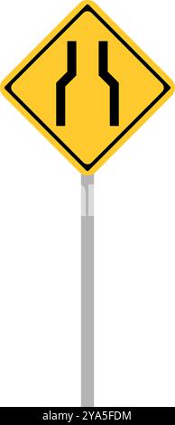 Road narrows sign with pole. Editable vector. Stock Vector