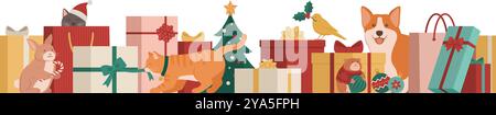 Cute happy pets, gifts and Christmas decorations: seamless border holiday vector with copy space Stock Vector