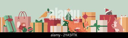 Cute happy pets, gifts and Christmas decorations: seamless border holiday vector with copy space Stock Vector