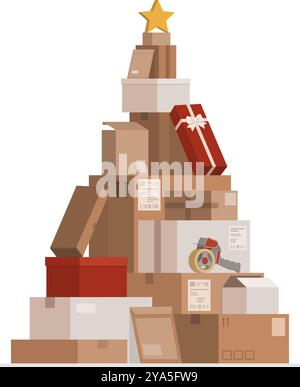 Many stacked delivery boxes and gifts arranged in the shape of a Christmas tree; delivery and shipment concept; isolated Stock Vector