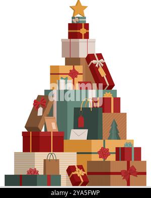 Many colorful Christmas gifts arranged in the shape of a Christmas tree, holidays and celebrations concept, isolated Stock Vector