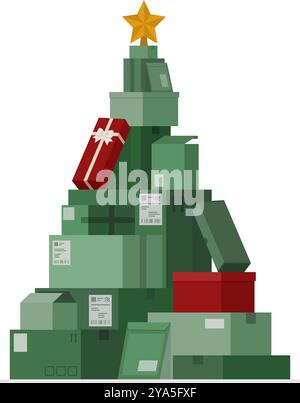 Many stacked delivery boxes and gifts arranged in the shape of a Christmas tree; delivery and shipment concept; isolated Stock Vector