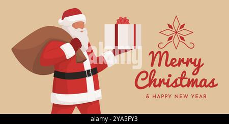 Happy Santa Claus carrying a gift and Christmas wishes, banner with copy space Stock Vector