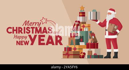 Happy Santa Claus stacking gifts in a Christmas tree shape, banner with christmas wishes, copy space Stock Vector